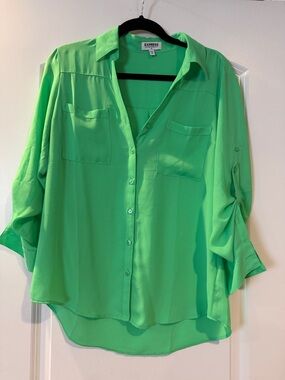 Express Neon Green Roll-Tab Button-Down Blouse